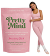 Woman holding a 'Pretty Mind' supplement package with product benefits listed on a white background