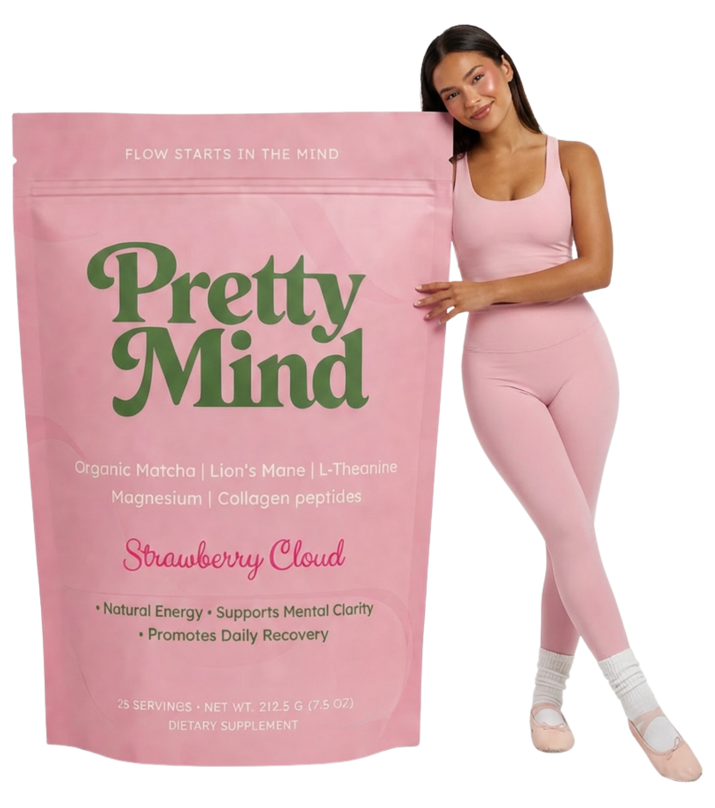 Woman holding a 'Pretty Mind' supplement package with product benefits listed on a white background